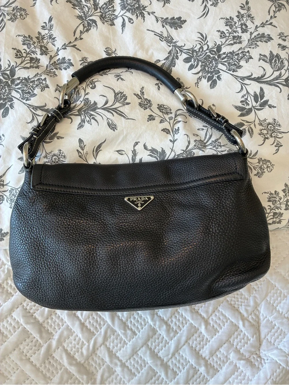 Prada Vitello Daino Black Pebble Leather Shoulder Bag